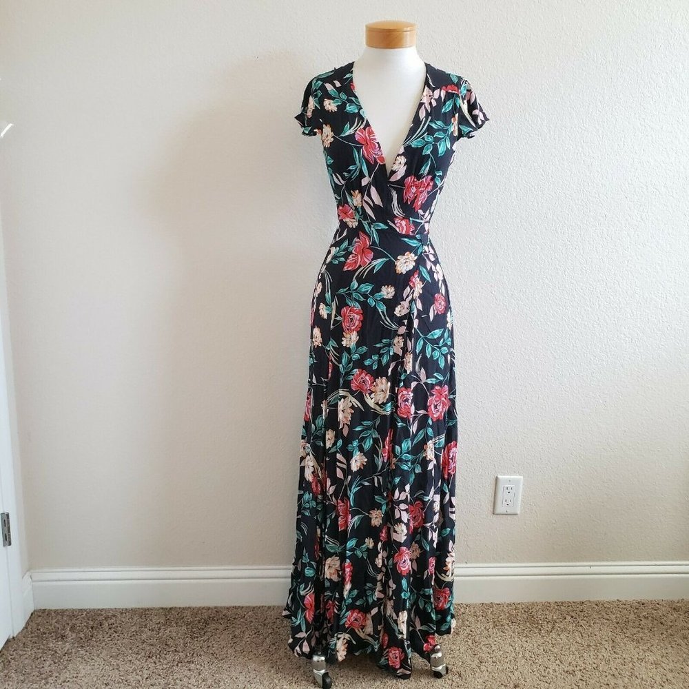 Lovers & Friends Kayla Wrap Floral Maxi Tie Back Cap Sleeves Leg Slit Dress S